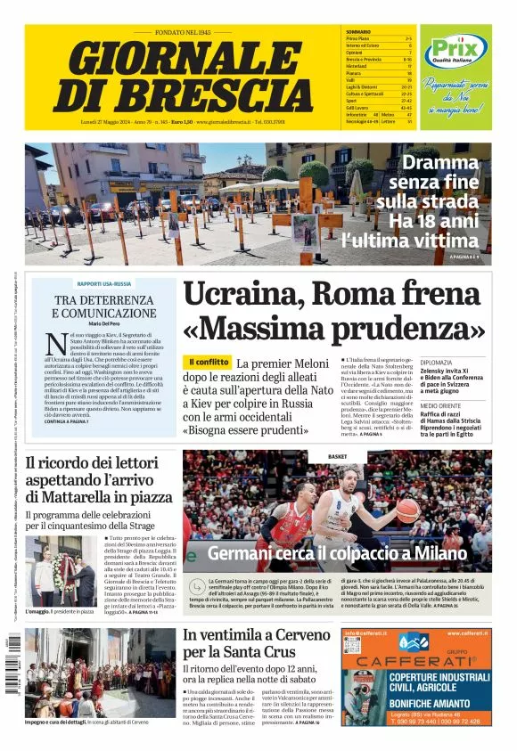 Prima-pagina-giornale di brescia-oggi-edizione-del-2024-05-27